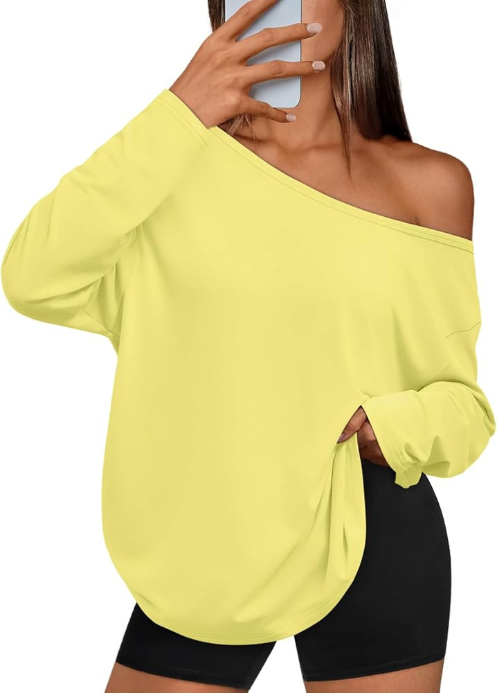 Trendy Queen Womens Off The Shoulder Tops Oversized Tshirts Long Sleeve 2025 Casual Basic Tees | Amazon (US)