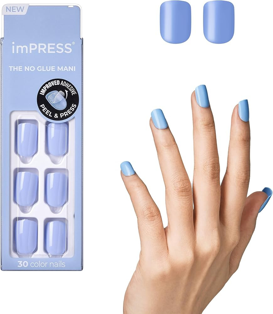 KISS imPRESS No Glue Mani Press On Nails, Color, 'Baby why so Blue', Blue, Short Size, Squoval Sh... | Amazon (US)
