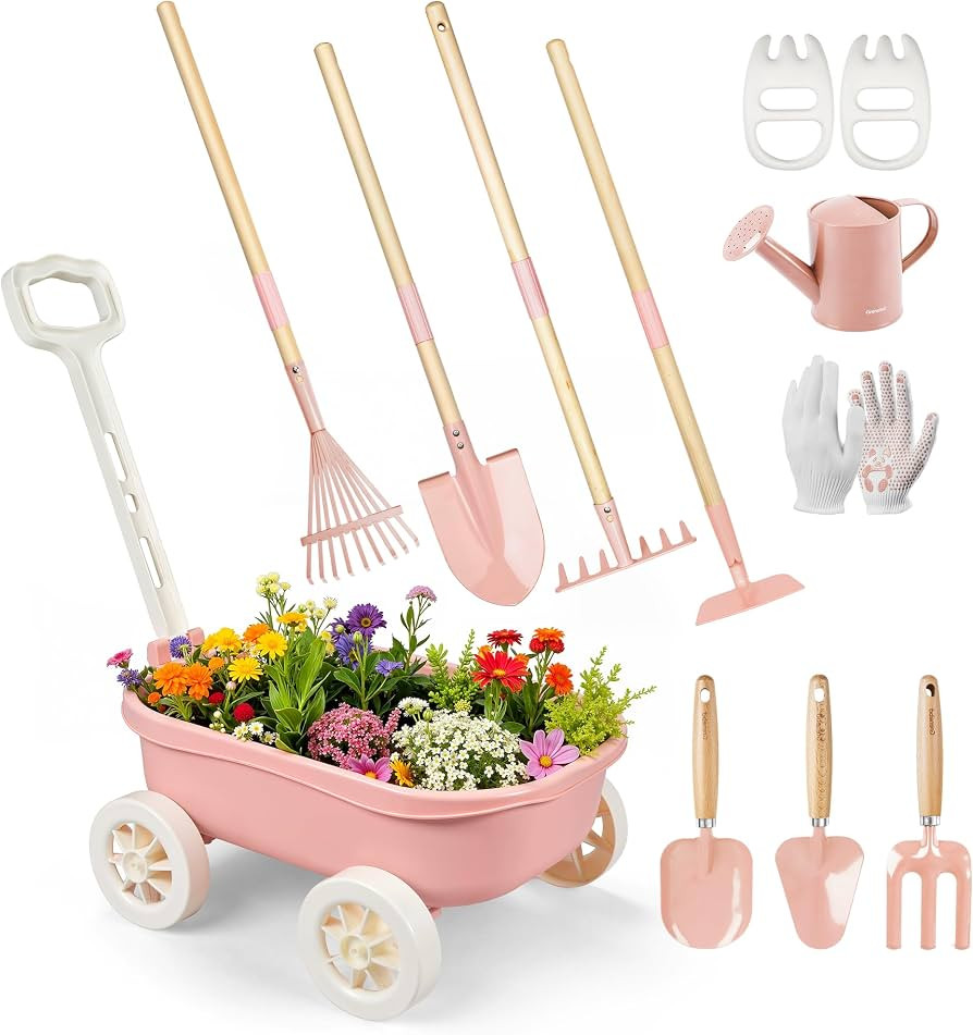 Kids Gardening Set with Wheelbarrow, 11-Piece Outdoor Yard, Beach, STEM Garden Play Kit with Chil... | Amazon (US)