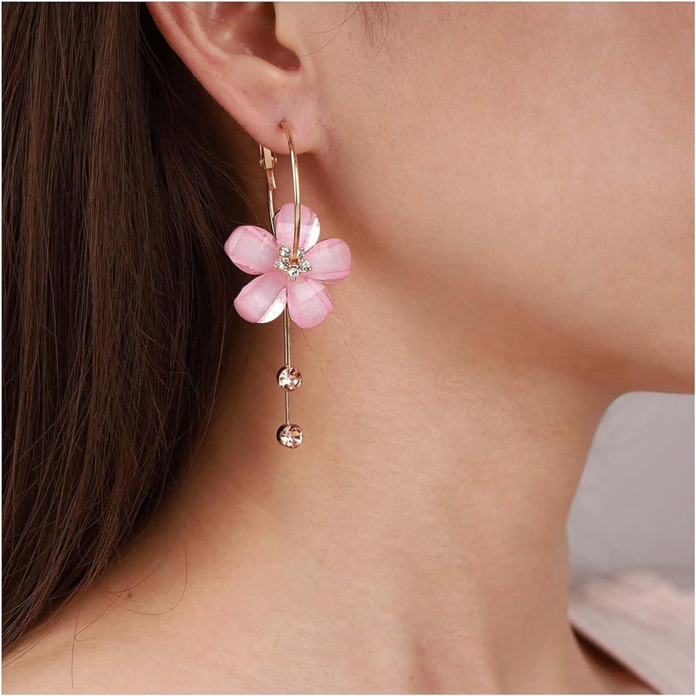 Boho Acrylic Flower Hoop Earrings Pink Crystal Flower Dangle Earrings Cz Tassel Drop Earrings Col... | Amazon (US)