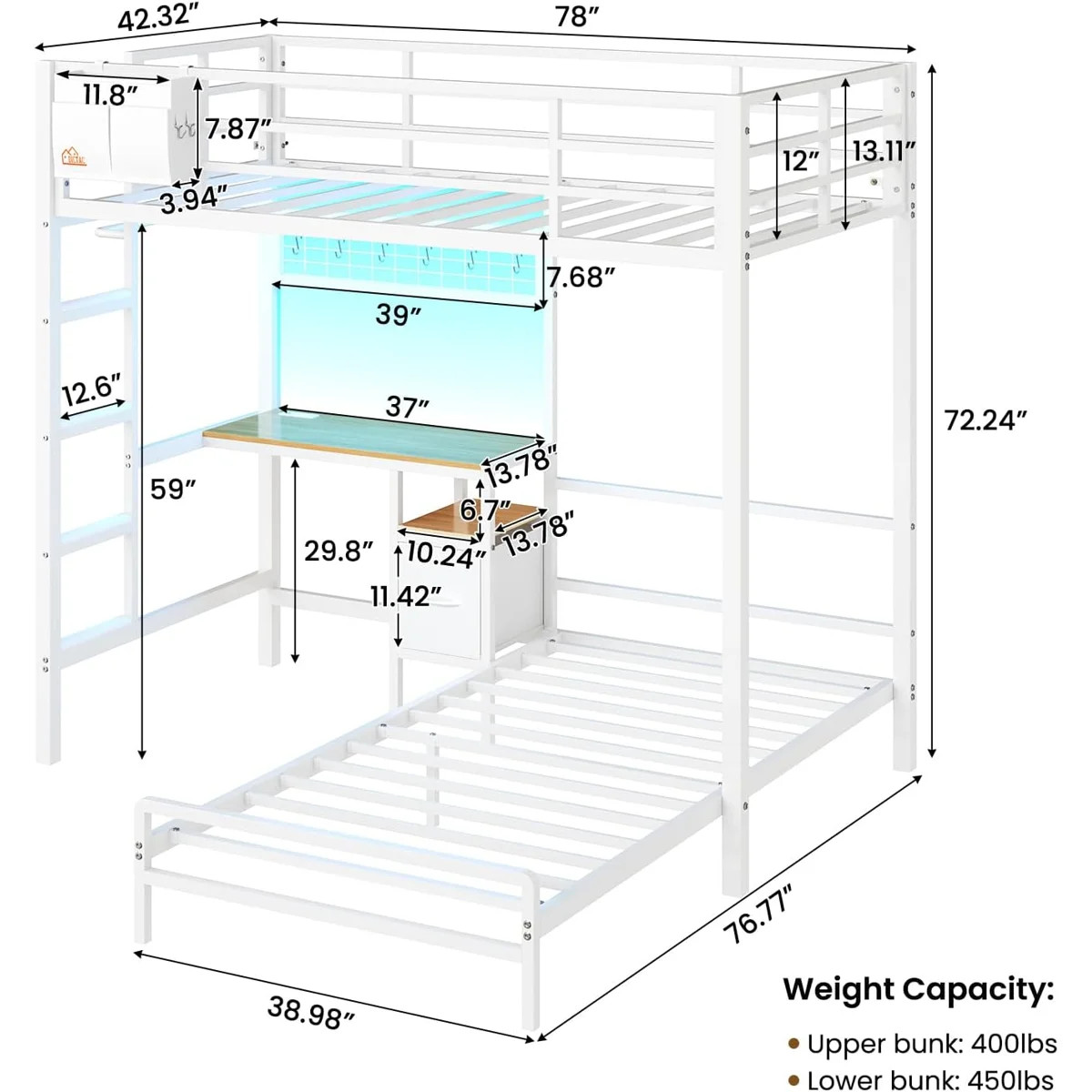 Twin Over Twin Bunk Bed With Desk And Charging Station, Metal Loft Bed, Twin Bed With Led Lights ... | Wayfair North America