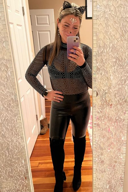 Black cat 🐈‍⬛ 

Glitter mesh bodysuit- absolute staple piece 

Pleather pants- fire 🔥 

#meshglitterbodysuit #pleatherpants #overkneeboots 
#spanxdupe 

#LTKunder50 #LTKstyletip
