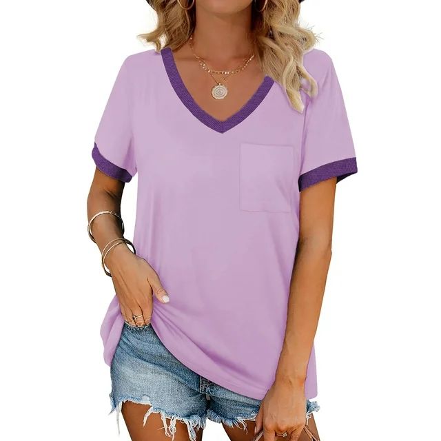 MOSHU V-Neck Women T Shirts Short Sleeve Loose Summer Tops for Women with Pocket | Walmart (US)