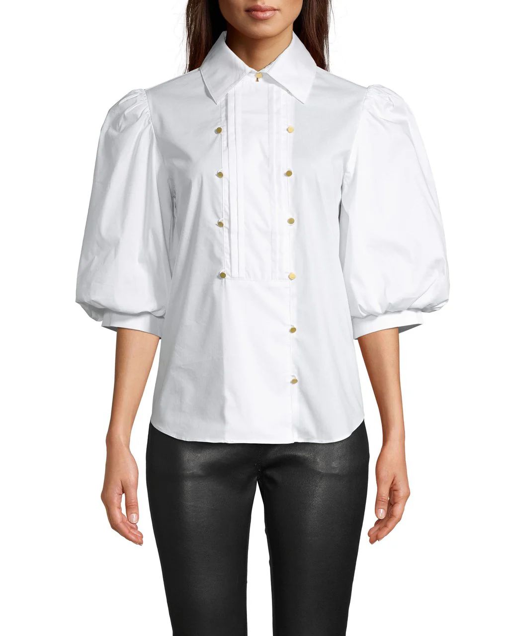 Cotton Poplin Tuxedo Puff Sleeve Blouse In White | Haverdash