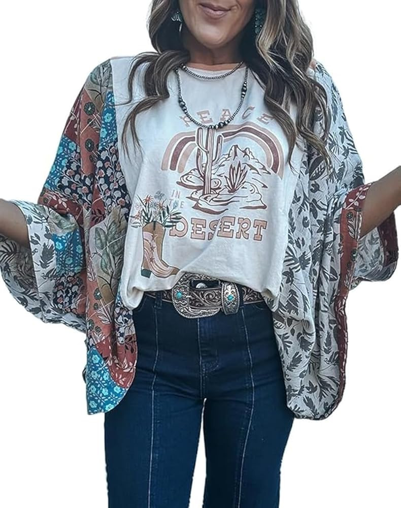 Pinclodly Graphic Tees for Women Boho 3/4 Dolman Sleeve Tops Floral Print Ponchos Crewneck Batwin... | Amazon (US)