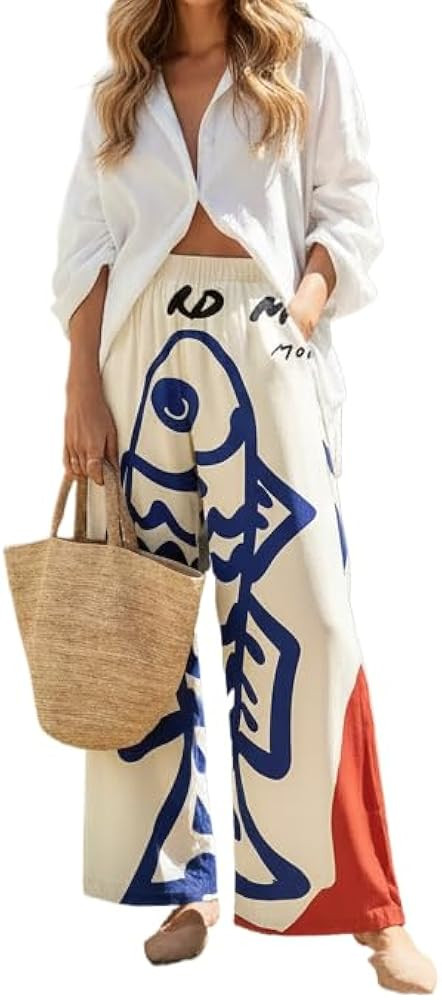 Women Wide Leg Pants, Elastic High Waist Loose Trousers, Casual Summer Beach Vacation Palazzo Pan... | Amazon (US)