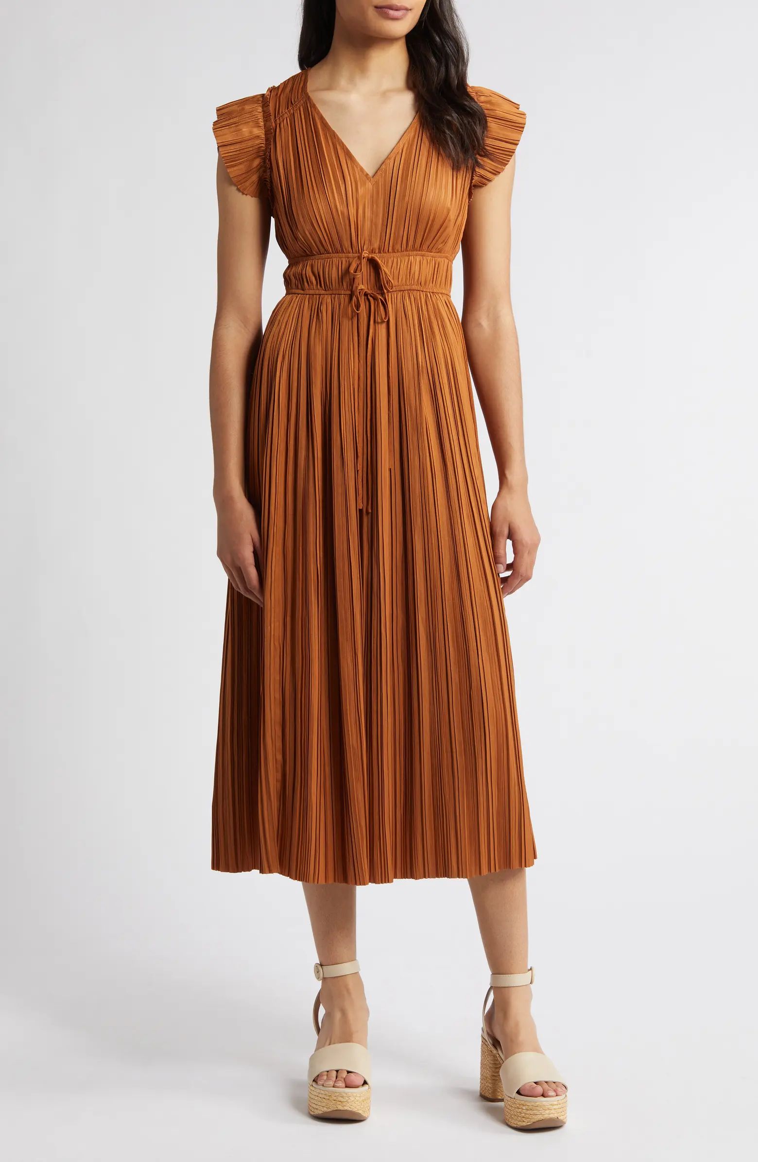 MOON RIVER Pleated Tie Waist Midi Dress | Nordstrom | Nordstrom