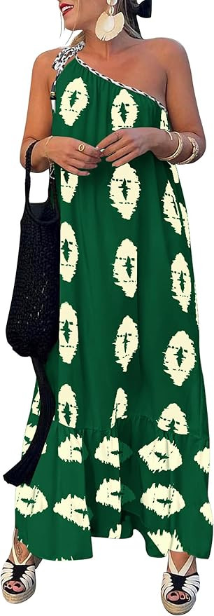 PRETTYGARDEN Women's 2026 Summer One Shoulder Maxi Dress Printed Flowy Boho Long Sundresses Sprin... | Amazon (US)