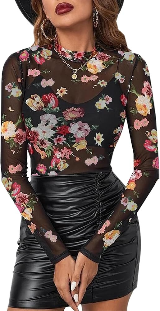 Women Mesh Top Floral Mesh Long Sleeve Tops Mock Neck See Through Tops Fitted Sexy Going Out Tops | Amazon (US)