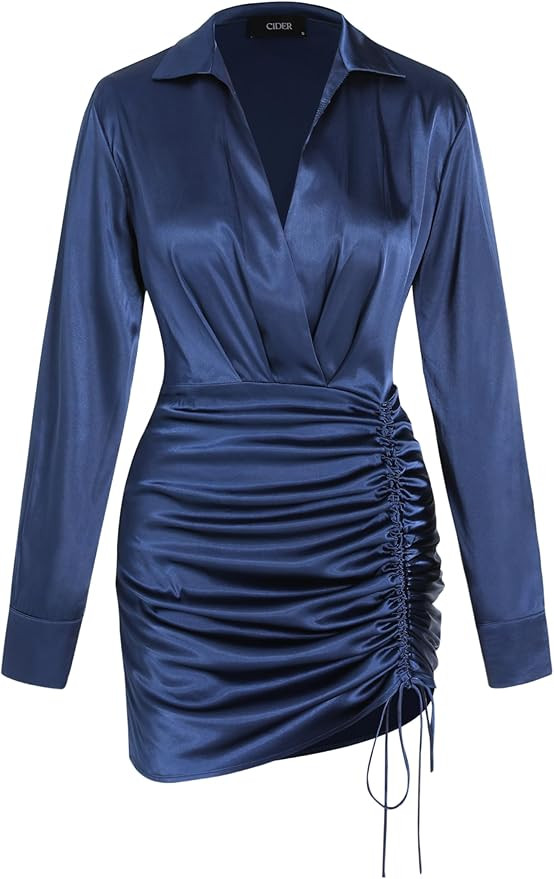 CIDER Satin Women Mini Shirt Dress Long Sleeve Collar Drawstring Waist Party Elegant Short Dress | Amazon (US)