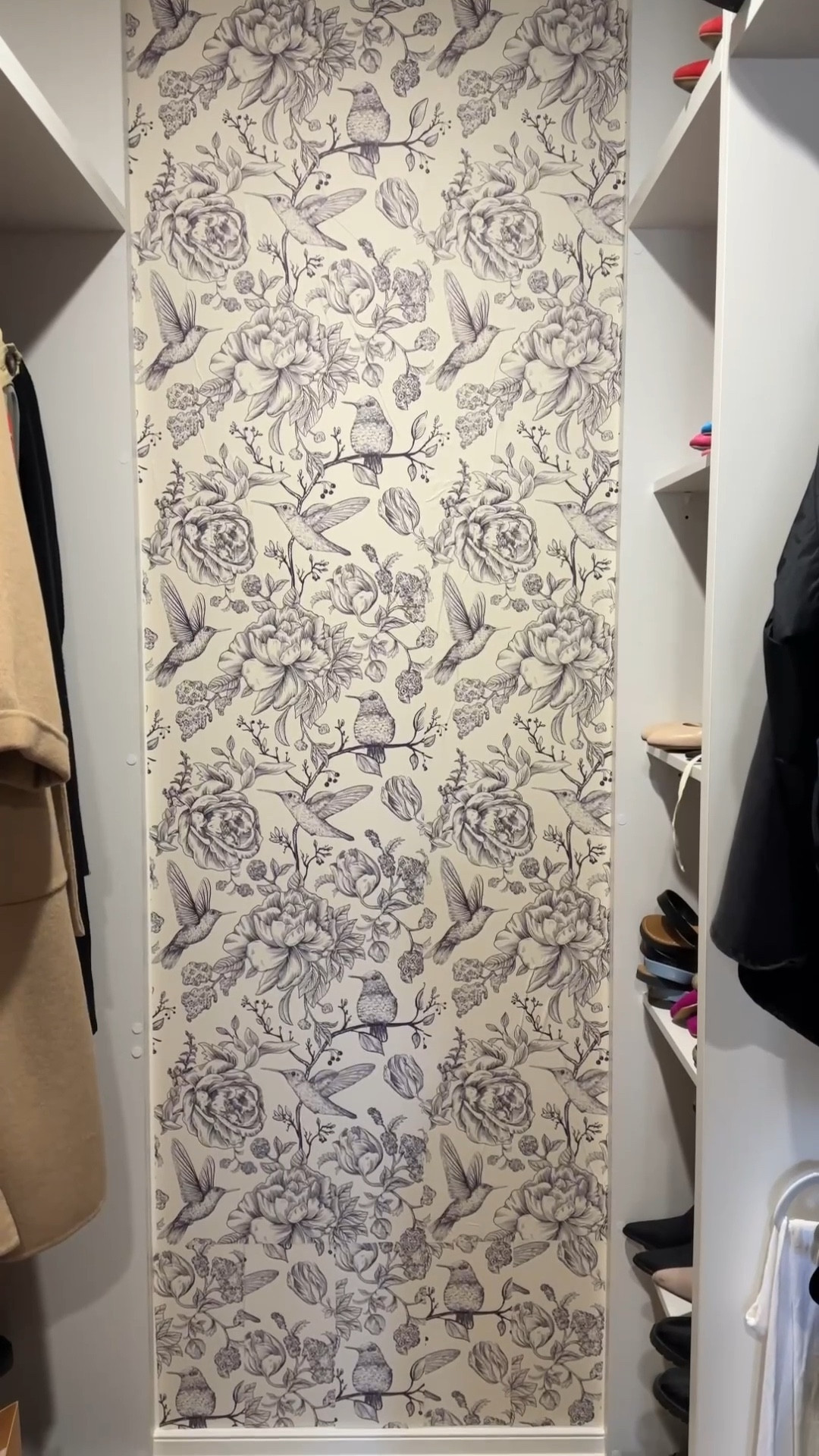 It’s not perfect but I love it #wardrobemakeover #wallpaper #walkinwardrobe 