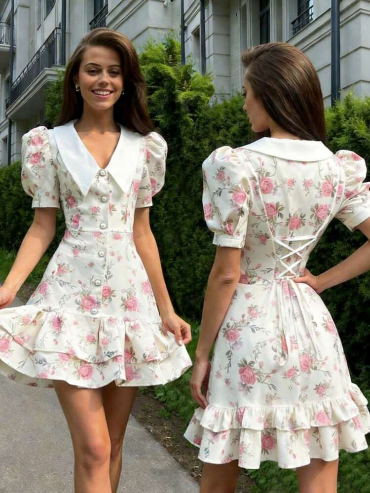 Women's Elegant V-Neck Ruffled Sleeve Floral Mini Dress With Pearl Button Back Tie Waist, Suitable For Spring/Summer, Western Wear, Bohemian, Music Festival, Vacation, Fairycore Pink | SHEIN