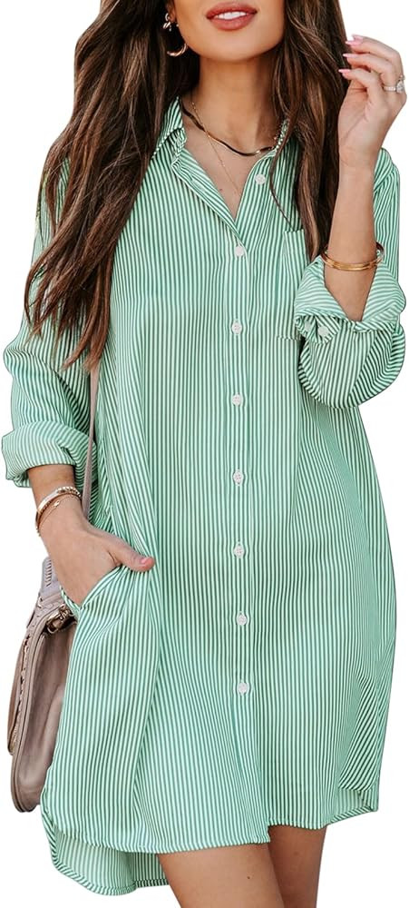 Aoudery Womens Button Down Shirt Dresses with Pockets Cotton Striped Shirts Collared Tunics Long ... | Amazon (US)