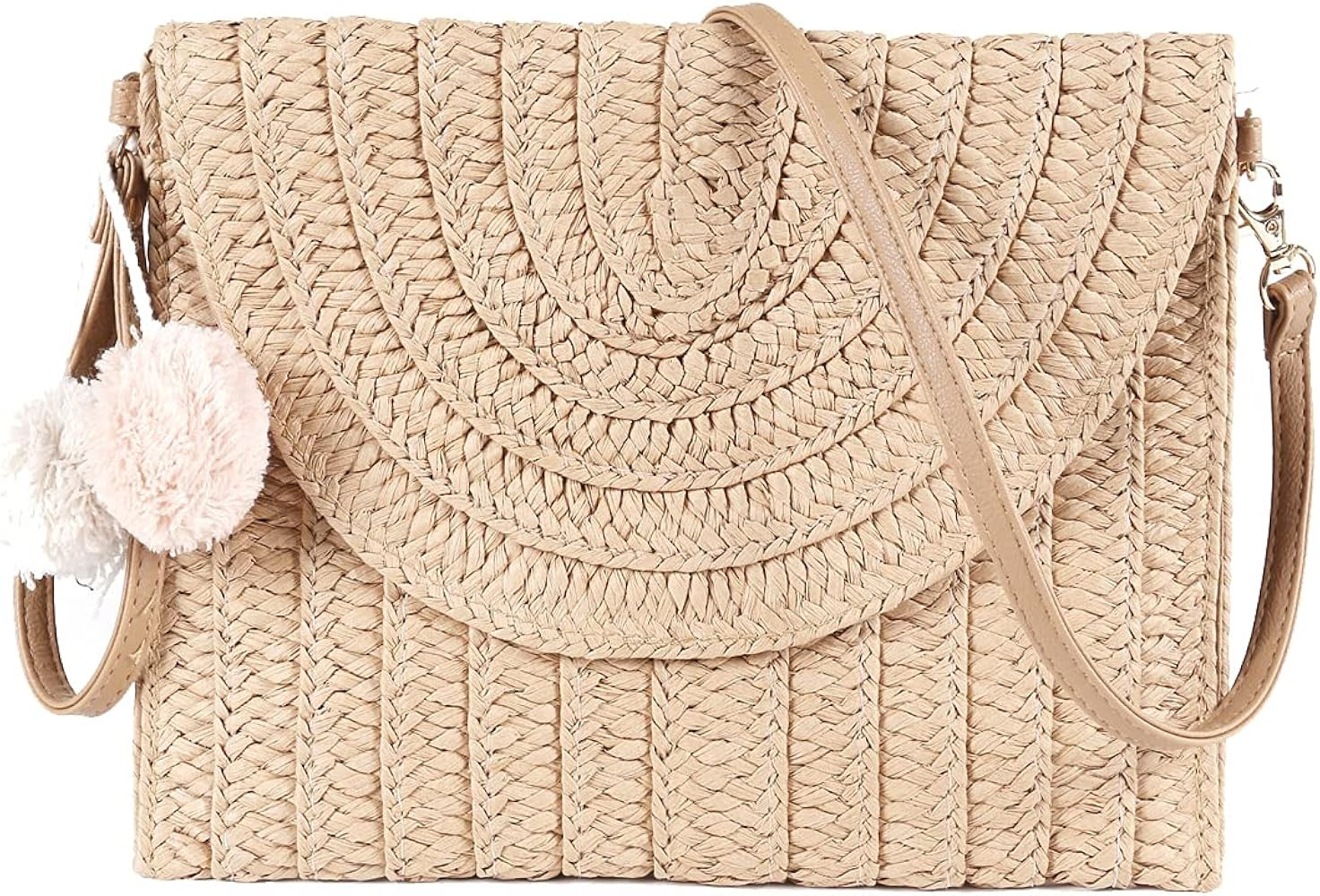 Straw Shoulder Bag Clutch Women Hand-woven PomPom Straw Crossbody Bag Summer Casual Beach Envelope P | Amazon (US)