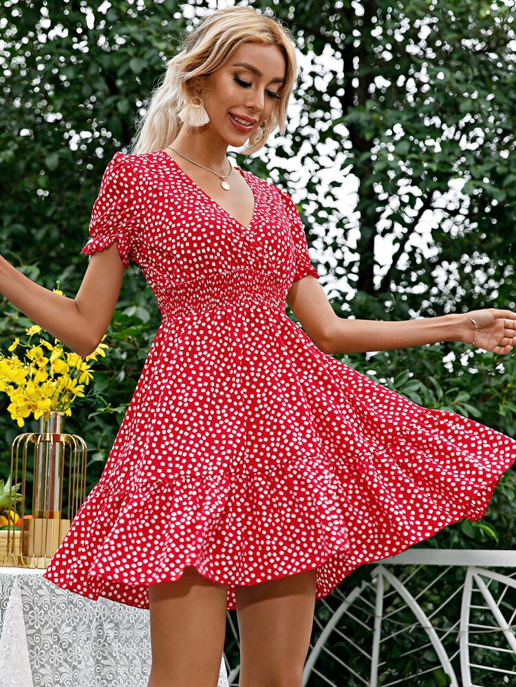 Ditsy Floral Shirred Waist A-line Dress | SHEIN