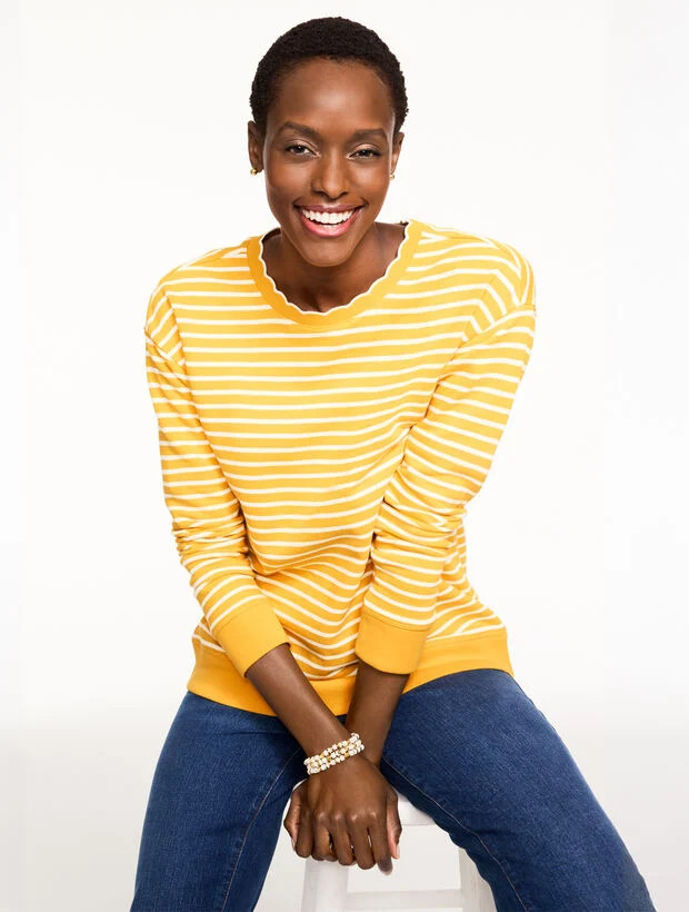 Scalloped Trim French Terry Sweatshirt - Mayfair Stripe | Talbots