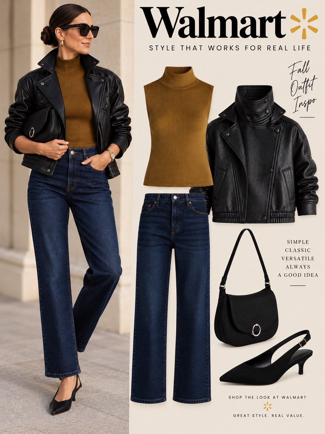 There’s something about a great leather-look jacket that can completely change the attitude of an outfit. This one from Walmart has such an interesting silhouette, with its oversized fit, dramatic funnel collar, and structured shape. Wear it open with the collar popped and sleeves pushed up for that relaxed, effortlessly cool feel.

I paired it with a warm caramel sleeveless ribbed turtleneck to soften the black, dark-wash jeans for a little everyday ease, and pointed-toe kitten heels to bring in a feminine touch. The black shoulder bag tucked under the arm finishes the look without competing with the jacket.

A little edgy, a little refined, and proof that Walmart has some seriously good fashion finds this fall.