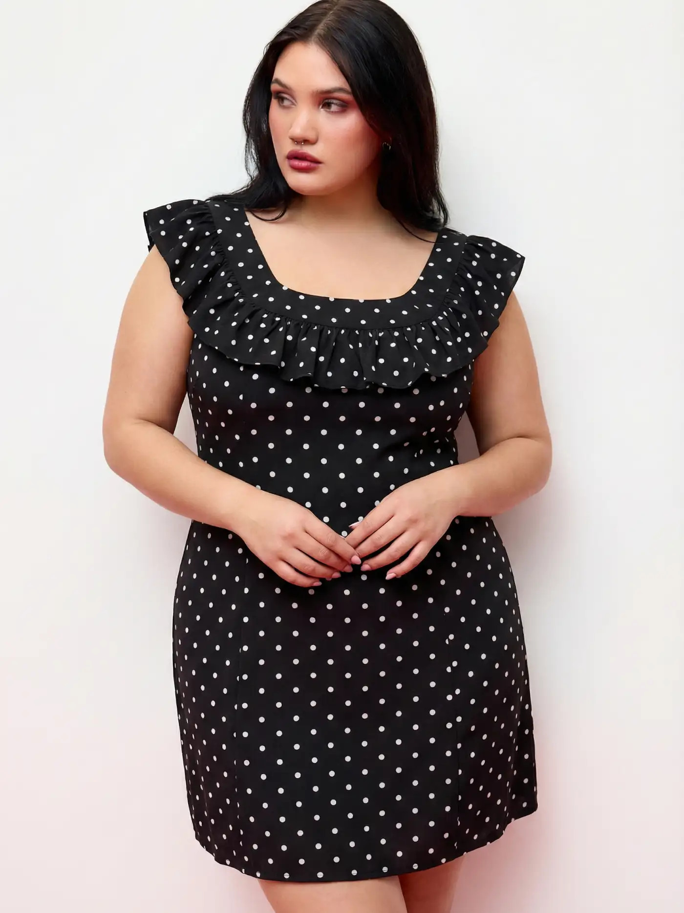 Woven Polka Dot Square Neck Ruffled A-line Mini Dress Curve & Plus For Daily Casual Date | Cider