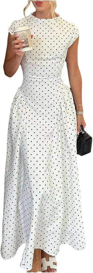 RoseSeek Women's Polka Dots Maxi Dress Mock Neck Cap Sleeve Cinched Waist Dresses Elegant Wedding... | Amazon (US)