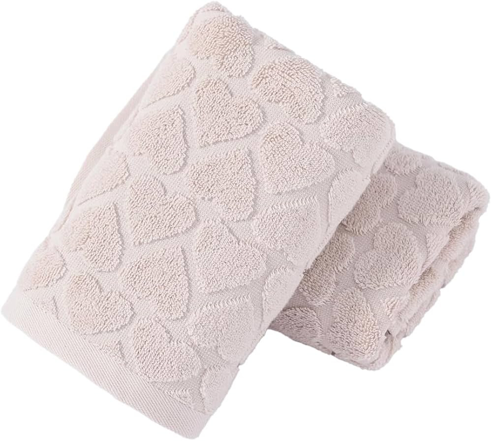 YiLUOMO Beige Embossed Full Hearts Pattern Hand Towel Set of 2 Super Soft 100% Cotton Absorbent D... | Amazon (US)