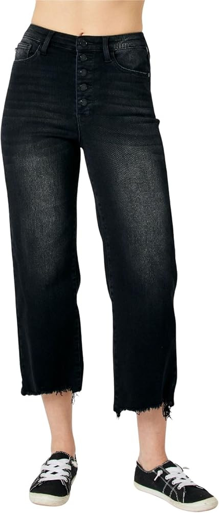 Judy Blue High Waist Distressed Raw Hem Wide Leg Crop Jeans, Black | Amazon (US)