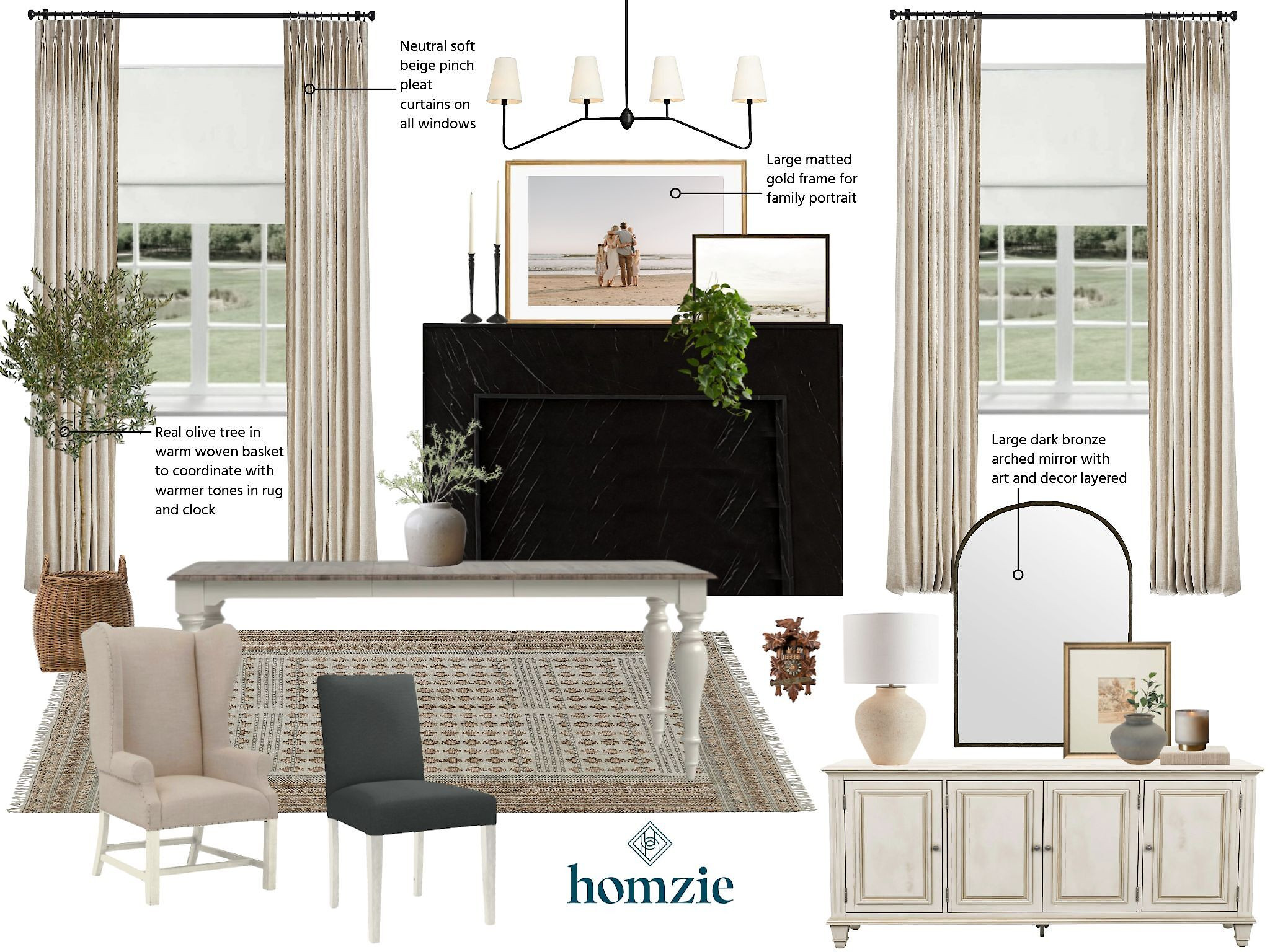 This is a refined transitional dining room with classic tones and layered decor. It features:  Black Fireplace, Gold Frame Portrait, Arched Mirror, Olive Tree Basket, Beige Curtains, Patterned Rug. 

 #LTKHome #LTKSaleAlert #LTKStyleTip