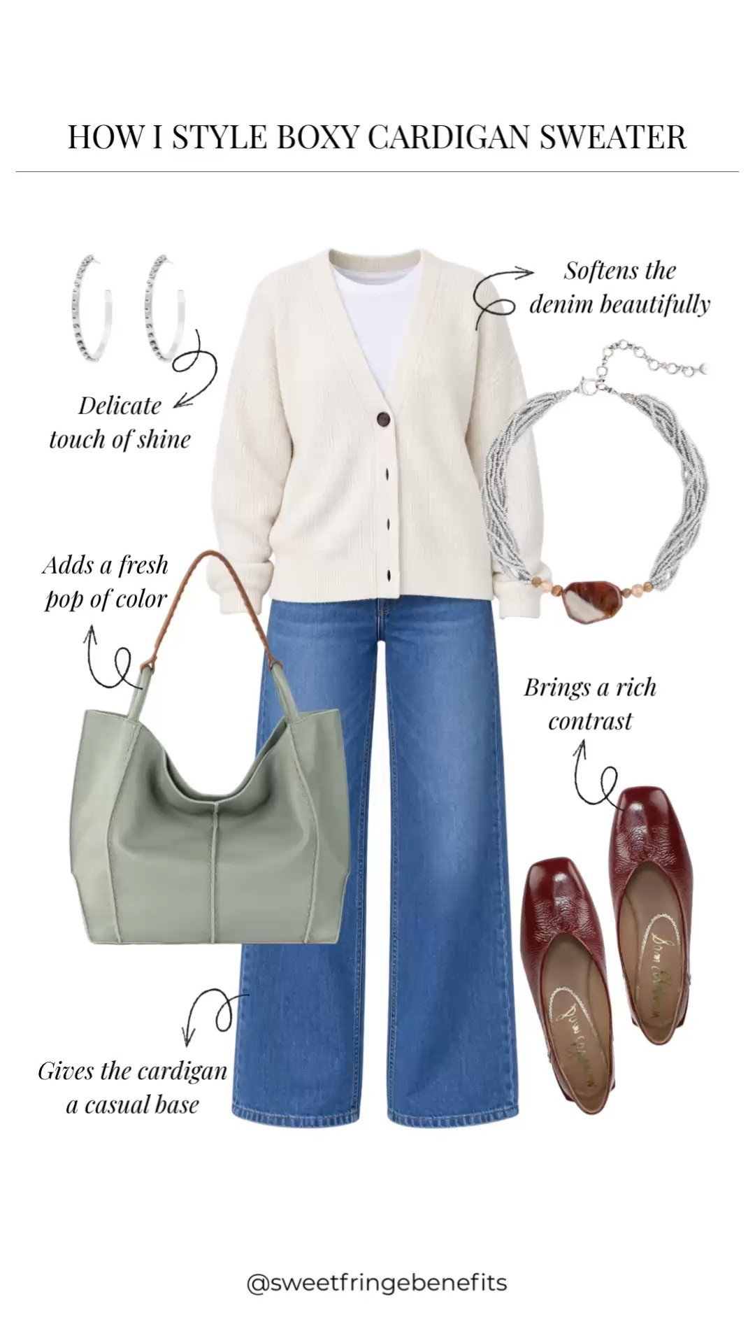 This is one of those cardigan outfits that just makes sense to me. The soft cream with the denim feels easy, and those burgundy shoes give it just enough interest.

#LTKootd #LTKPetite #LTKOver40