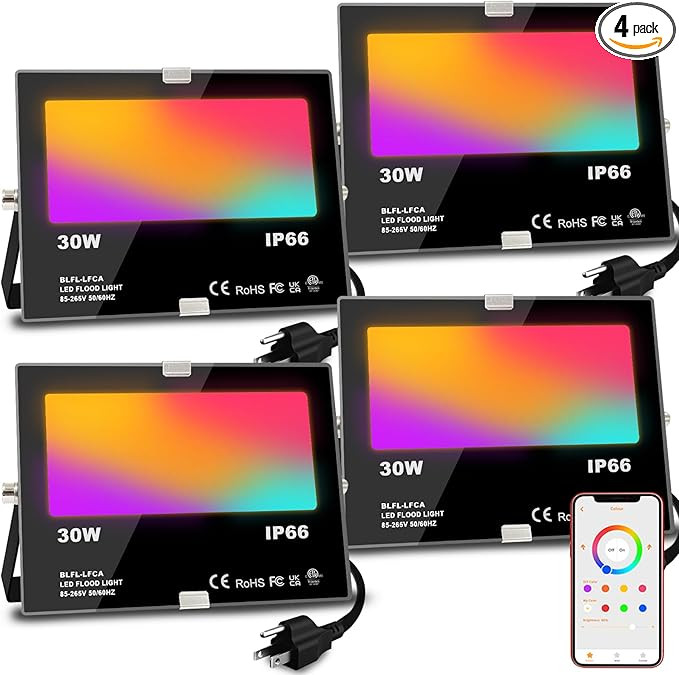 LED Flood Light Outdoor 30W, 300W Equivalent 3000LM Smart RGB Landscape Lighting with APP Control... | Amazon (US)