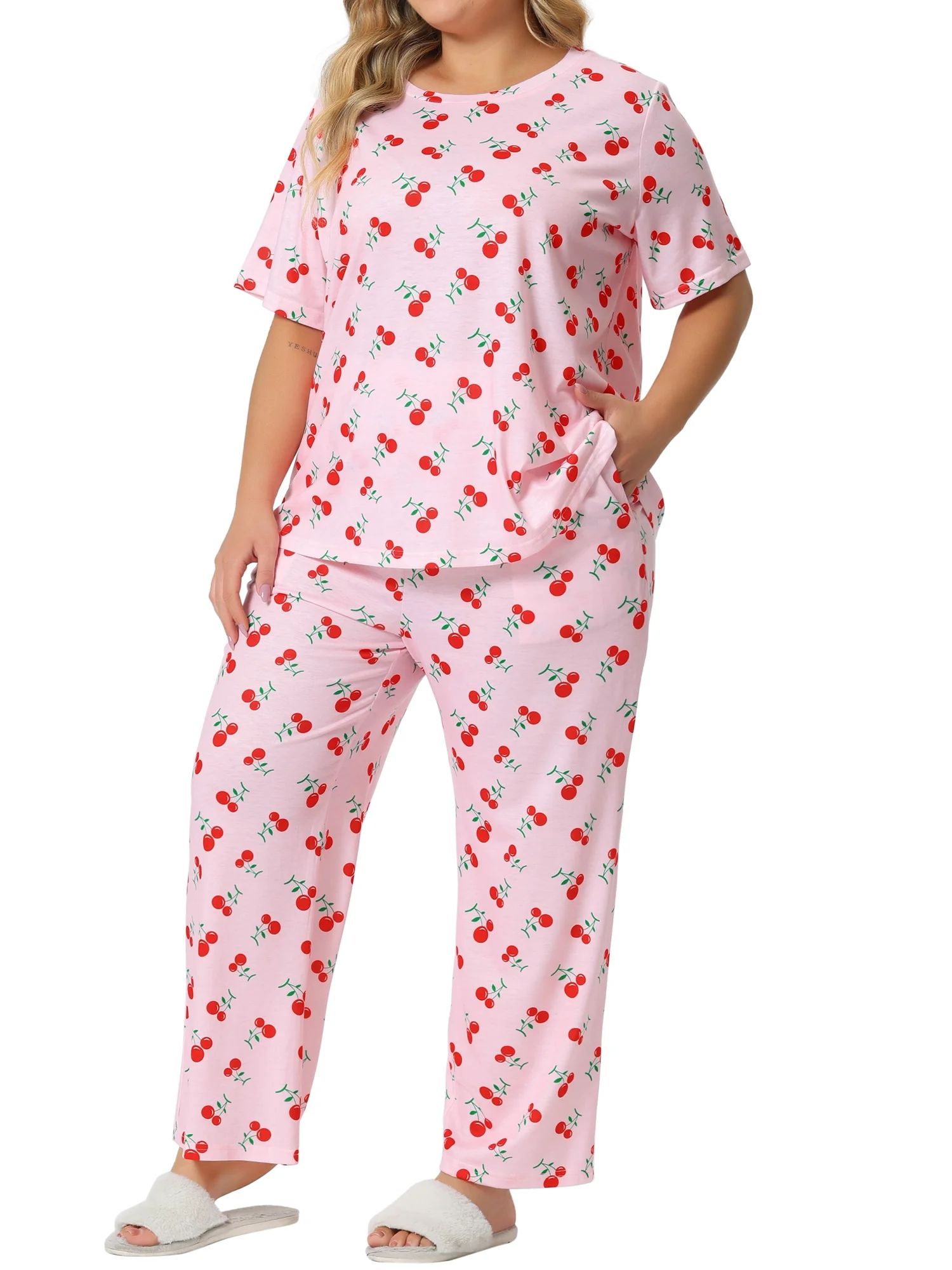 Agnes Orinda Women' s Plus Size Pajama Set Short Sleeve Cherry Print Elastic Soft Pockets Nightwe... | Walmart (US)