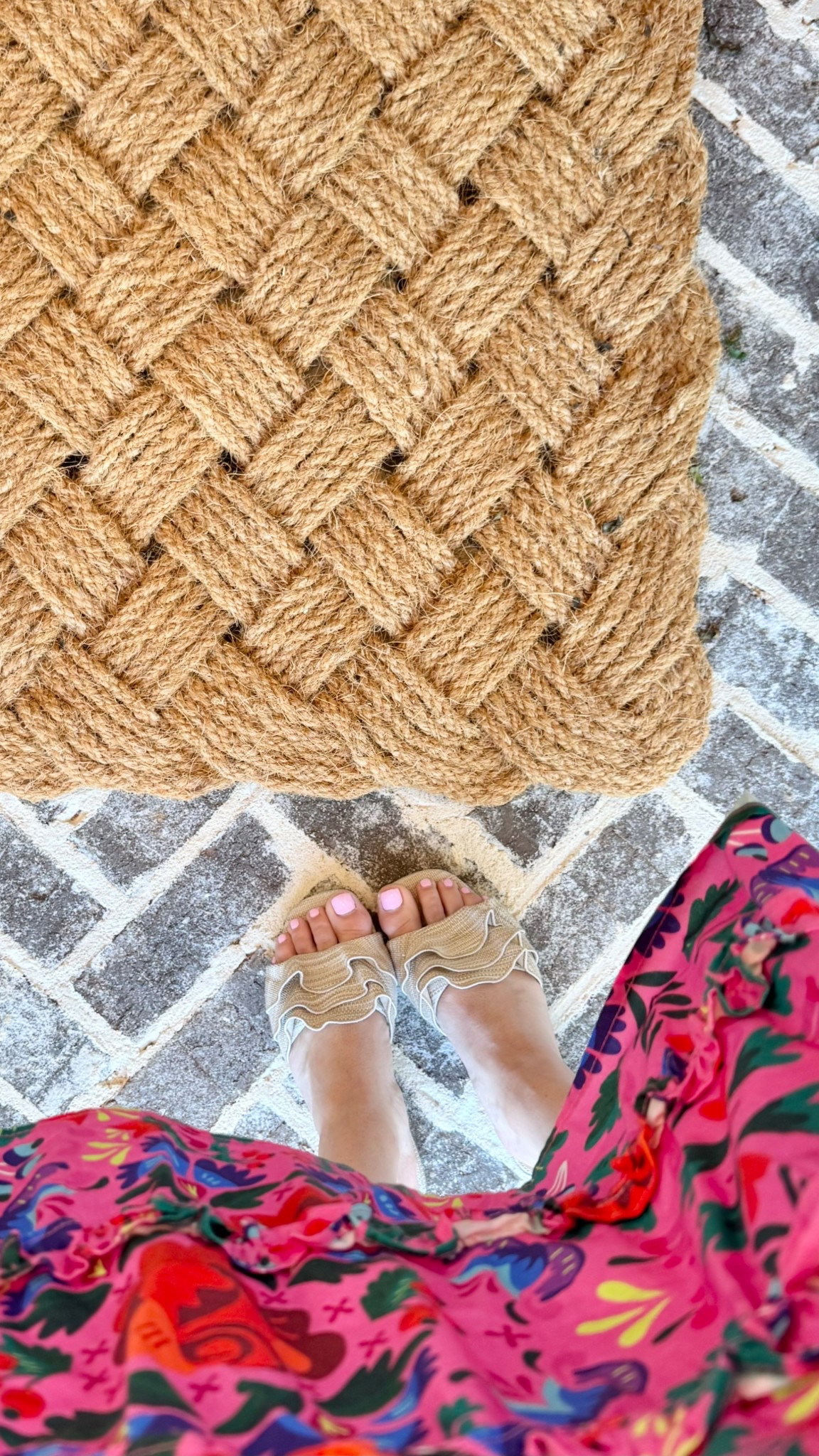 Serena and Lily sailor’s knot front doormat. Ruffle neutral block heels.