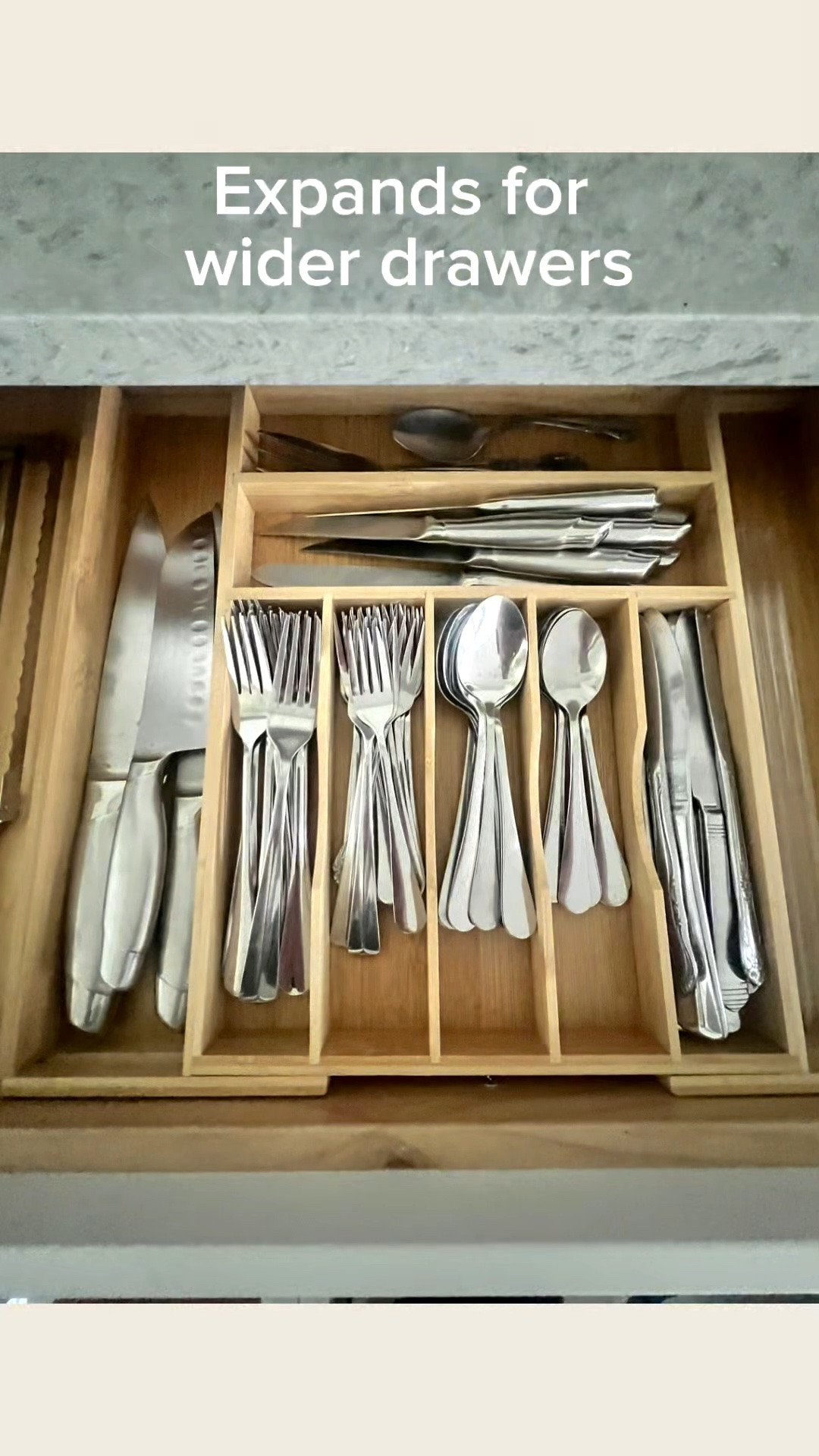 Expandable bamboo utensil organizer that adjusts to fit both smaller and wider drawers. I’m showing it in two different drawer sizes so you can see how the compact and expanded fit look. Even with expandable and adjustable items, always remember to measure your drawers first.

This royal craft one comes in black, white and bamboo. I’m linking the exact one, the little rubber feet I use so it doesn’t slip around and a few other options, including an acrylic one if that’s more your style.

#LTKHome #LTKmomlife #LTKOver40