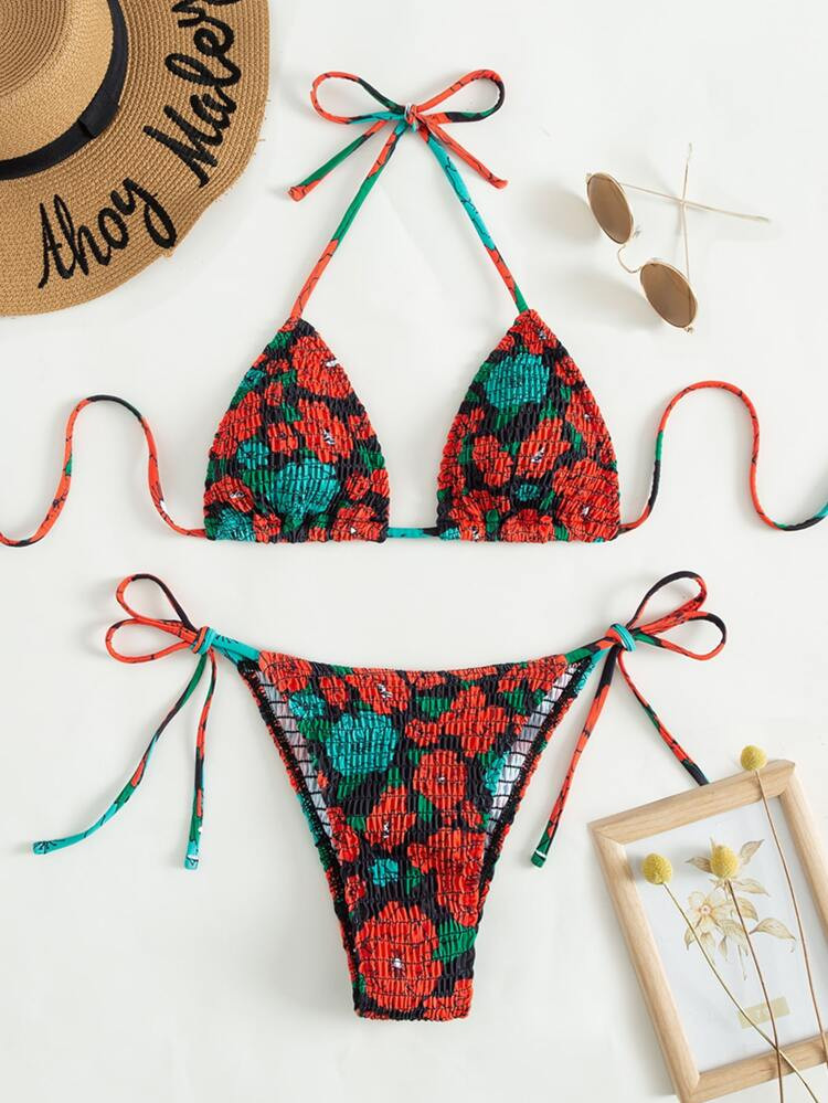 Floral Print Smocked Halter Triangle Bikini Swimsuit | SHEIN