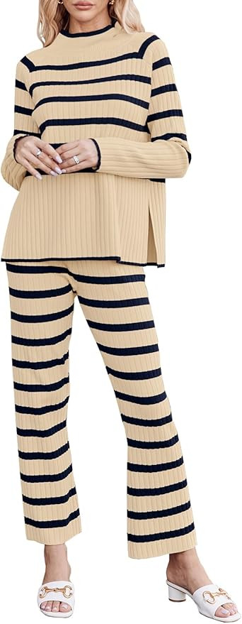 Fazortev Women's 2 piece outfits Oversized Striped Knit Lounge Sets Cozy Pullover Tops Wide Leg P... | Amazon (US)