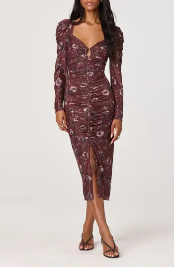 ASTR the Label Long Sleeve Ruched Mesh Midi Dress in Burgundy Floral at Nordstrom Rack, Size X-Small | Nordstrom Rack
