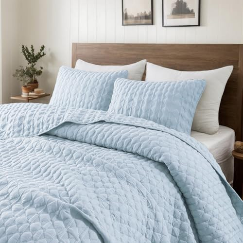 WDCOZY Light Blue Quilt King Size Bedding Set with 2 Pillow Shams, Lightweight Soft Bedspread Coverlet, Thin Comforter Bed Cover for All Season, 3 Pieces, 104x90 inches | Amazon (US)
