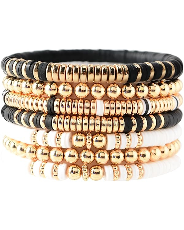 GOOJIDS Surfer Heishi Clay Bead Bracelets for Women Bohemian Stackable Gold Beaded Stretch Bracel... | Amazon (US)