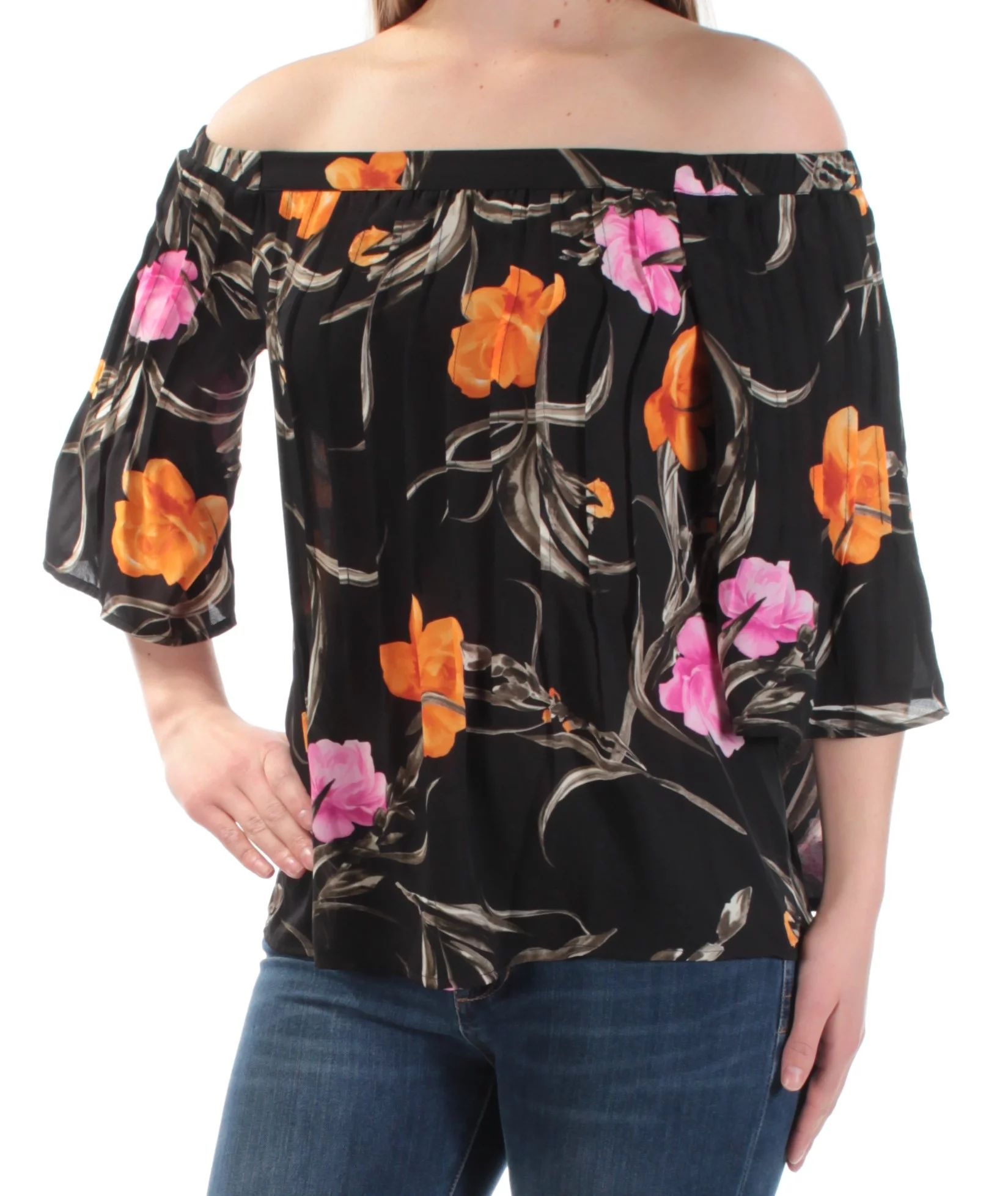 INC Womens Black Floral 3/4 Sleeve Off Shoulder Top  Size: S | Walmart (US)