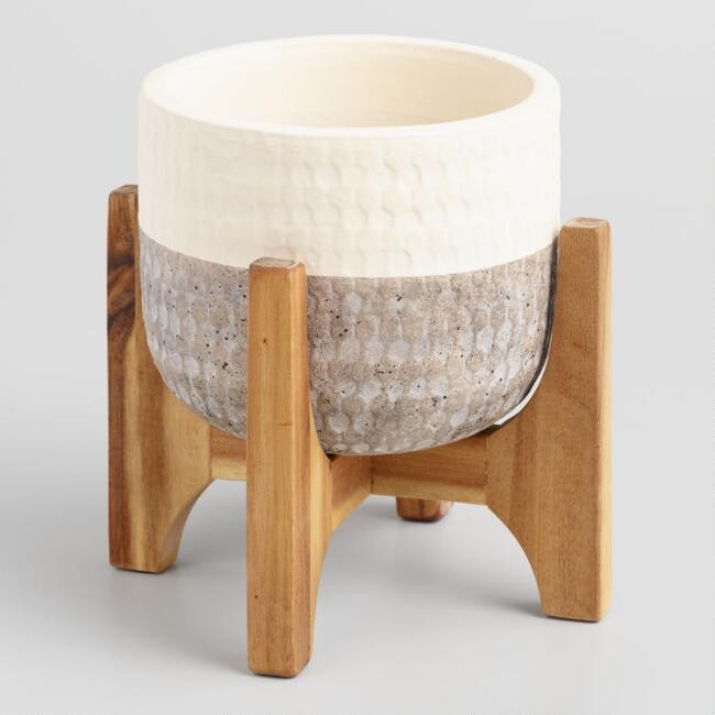 Ivory And Gray Two Tone Ceramic Planter With Wood Stand | World Market