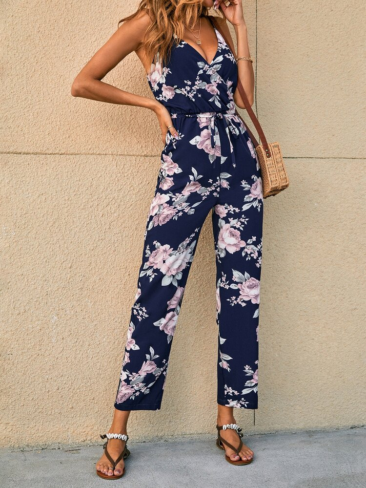 Floral Print Belted Cami Jumpsuit | SHEIN