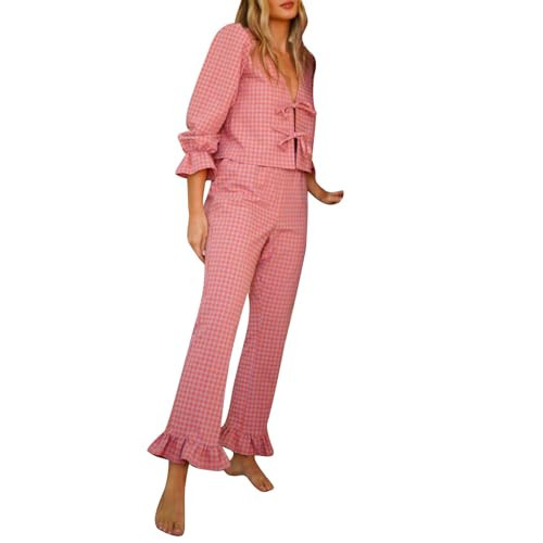 Argeousgor Women Plaid 2 Piece Pajama Set Tie Front Puff Sleeve Babydoll Shirt Gingham Pants Pj Lounge Set Sleepwear S | Amazon (US)