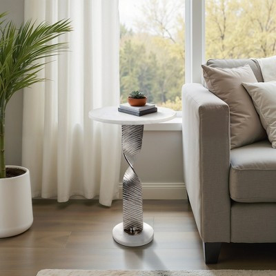 Modern End Table, Side Table, or Small Night Stand for Home Decor - Twisted Metal Pedestal Bedside Table with Round Marb
