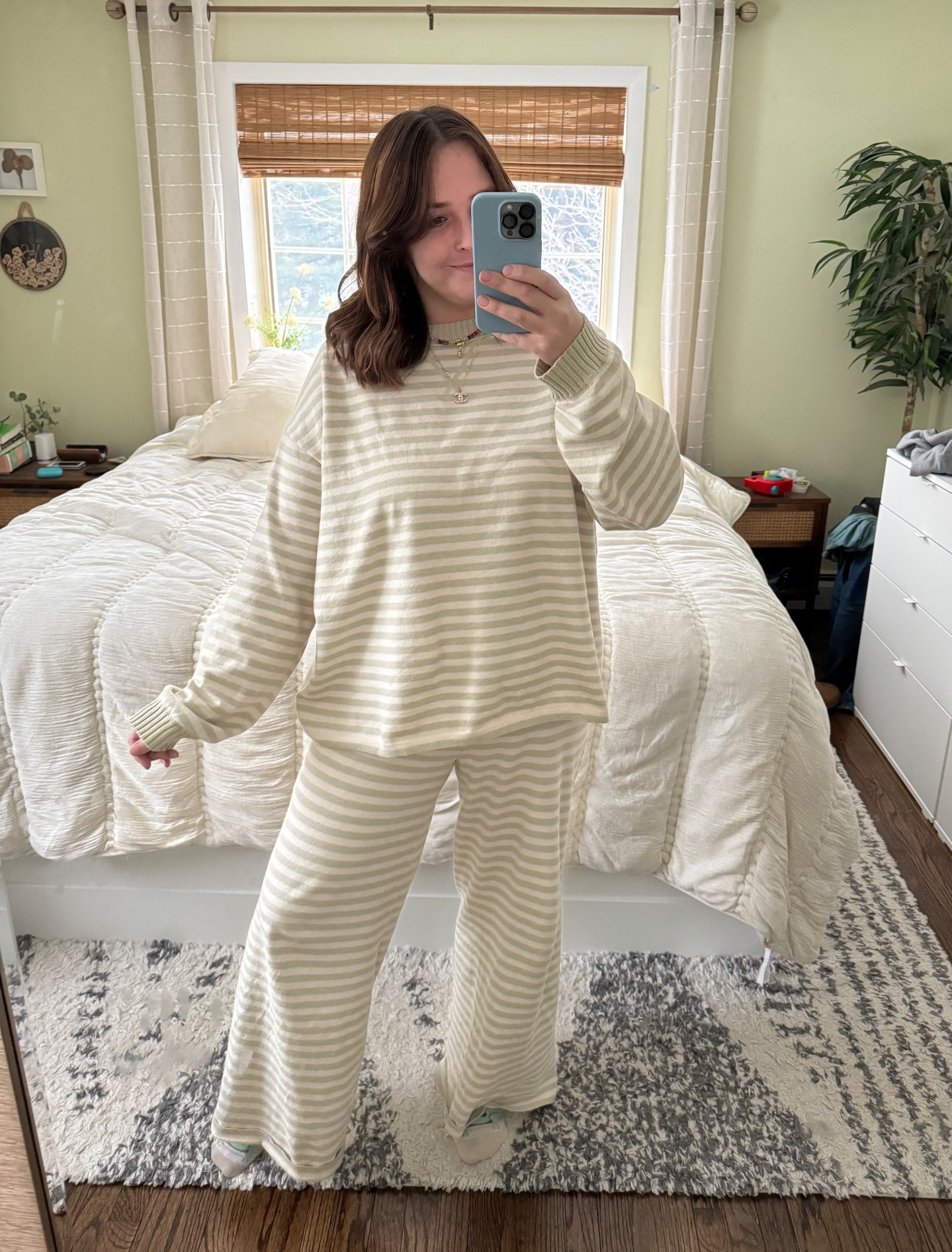 The perfect cozy loungewear set from Aerie! This is my new cozy go to outfit

I’m 180lbs

Green striped sweater: true to size. Wearing a large. It’s oversized yet true to size.

Green striped sweater pants: runs large. Size down 1. I went with a medium. 



#LTKSeasonal #LTKootd #LTKMidsize
