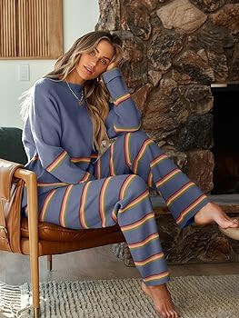 LILLUSORY 2 Piece Outfits for Women 2023 Oversized Fall Lounge Sets Striped Sweaters Cozy Knit Lo... | Amazon (US)