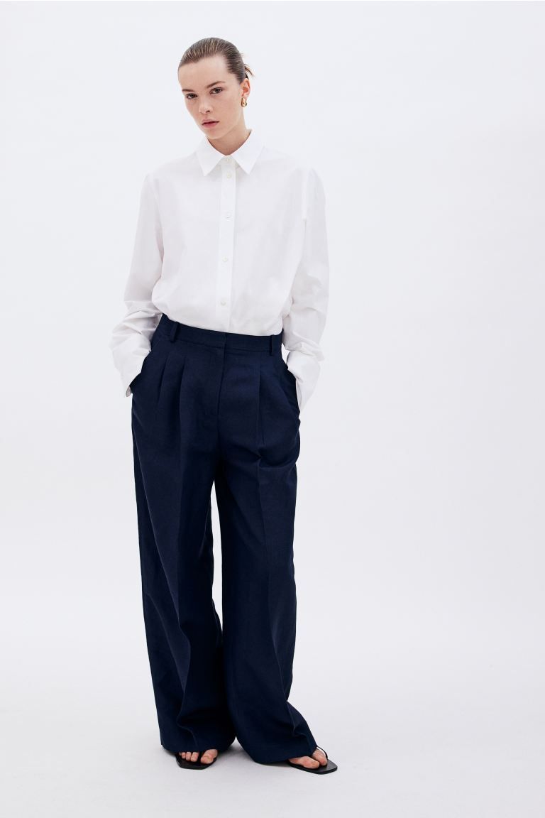 Tailored linen-blend trousers - High waist - Long - Navy blue - Ladies | H&M GB | H&M (UK, MY, IN, SG, PH, TW, HK)