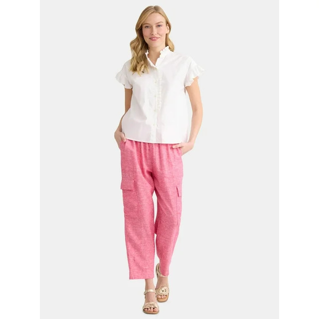 Time and Tru Women’s and Women’s Plus Linen Blend Cropped Cargo Pants, 27" Inseam, Sizes XS-3... | Walmart (US)