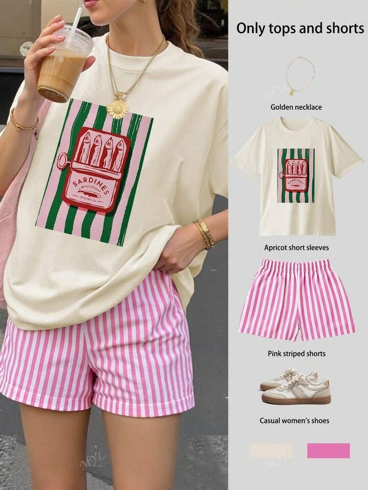 Fish Can Print Ladies Oversize Short-Sleeved Top Striped Shorts Suit Ladies Summer Leisure Two Pieces Suits Leisure Women's Clothing Seaside Vacation Summer Two Pieces Clothing | SHEIN