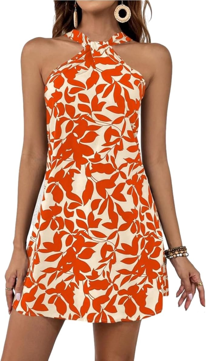 Women's Summer Dress Criss Cross Halter Dress Mini Beach Dress Tropical Leaf Printed Dress | Amazon (US)