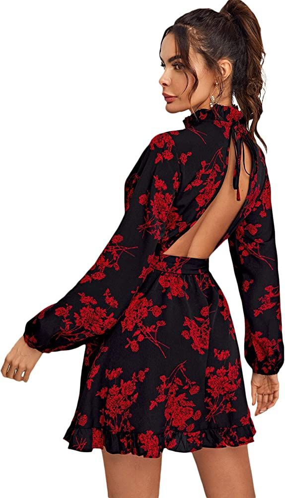 Floerns Women's Floral Print Puff Sleeve Ruffle Layered Short Dress | Amazon (US)