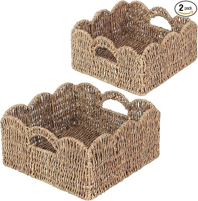 Scalloped Baskets (Natural-Set of 2) Seagrass Basket For Decor, Basket Living Room Organizer, Bat... | Amazon (US)