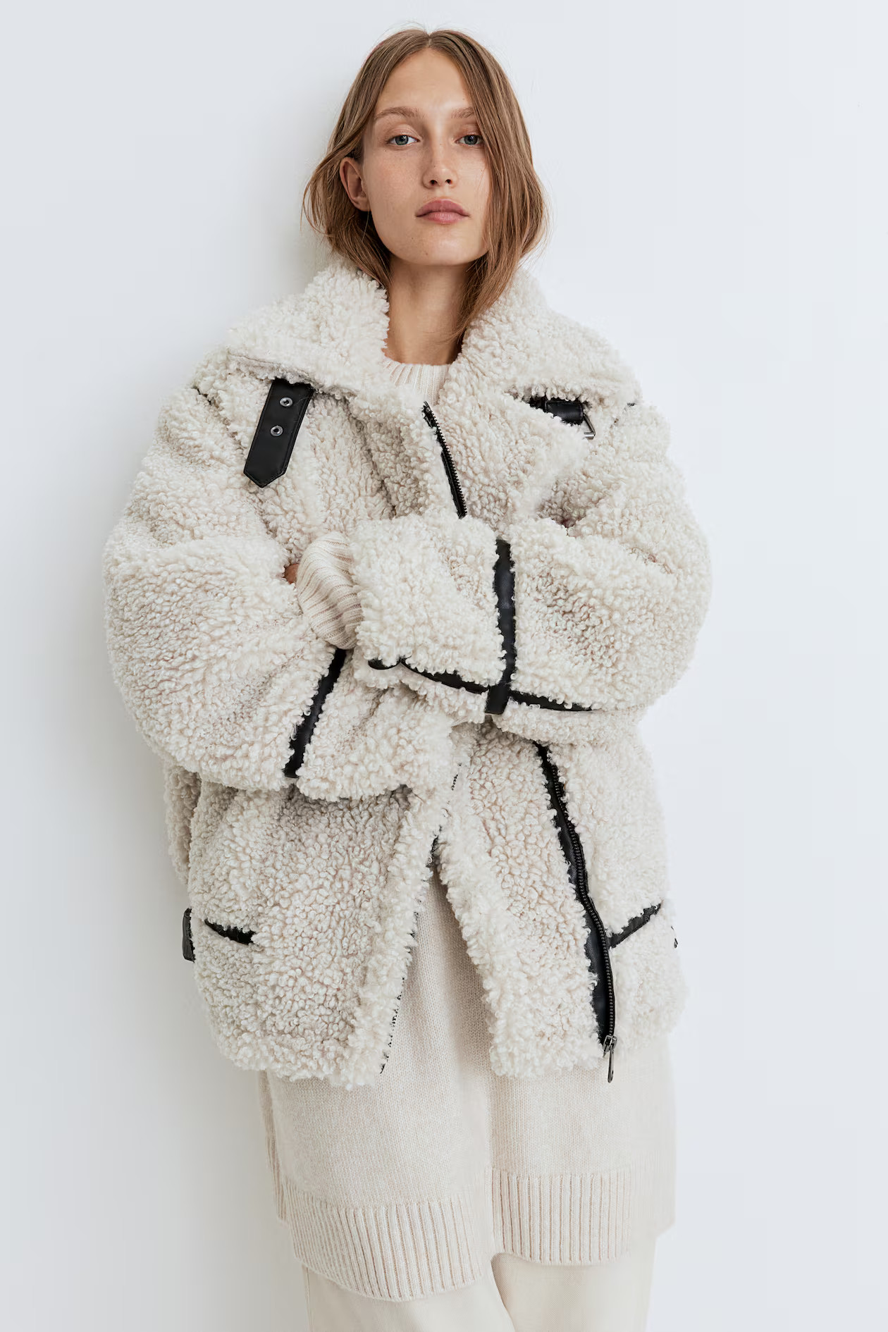 Oversized Teddy Fleece Jacket - Long sleeve - Regular length - Natural white - Ladies | H&M US | H&M (US + CA)